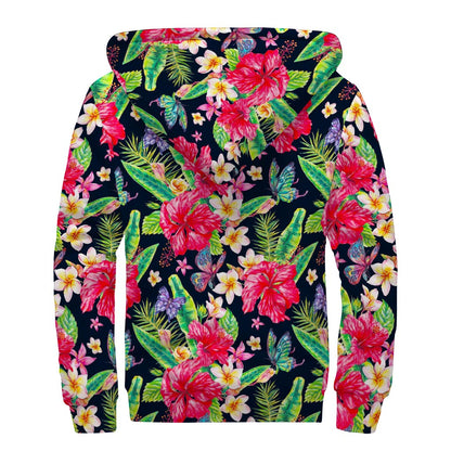 Exotic Hibiscus Flowers Pattern Print Sherpa Lined Zip Up Hoodie