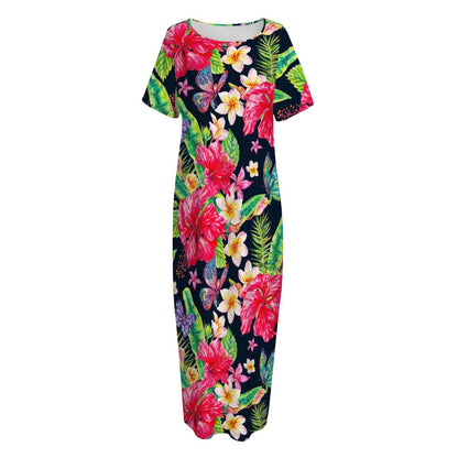 Exotic Hibiscus Flowers Pattern Print Short Sleeve Long Nightdress