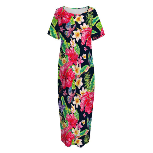 Exotic Hibiscus Flowers Pattern Print Short Sleeve Long Nightdress