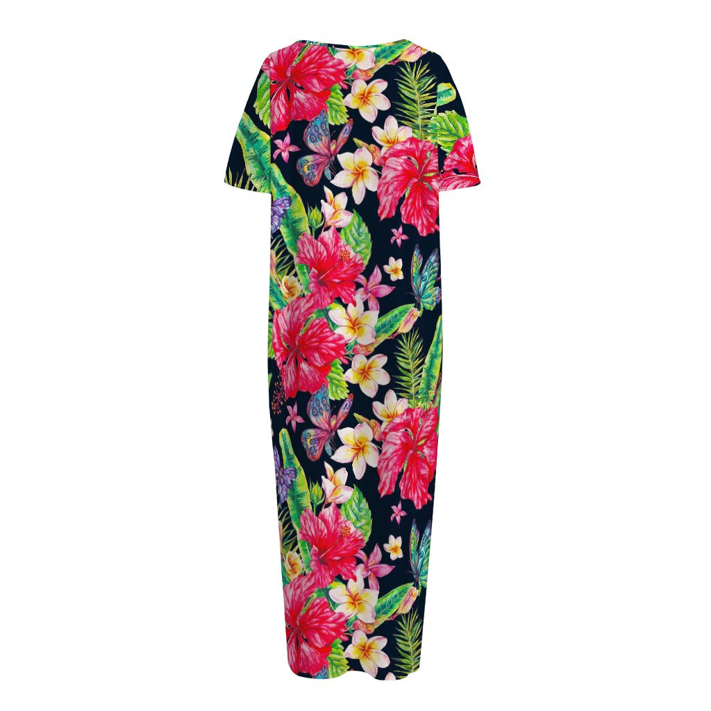 Exotic Hibiscus Flowers Pattern Print Short Sleeve Long Nightdress