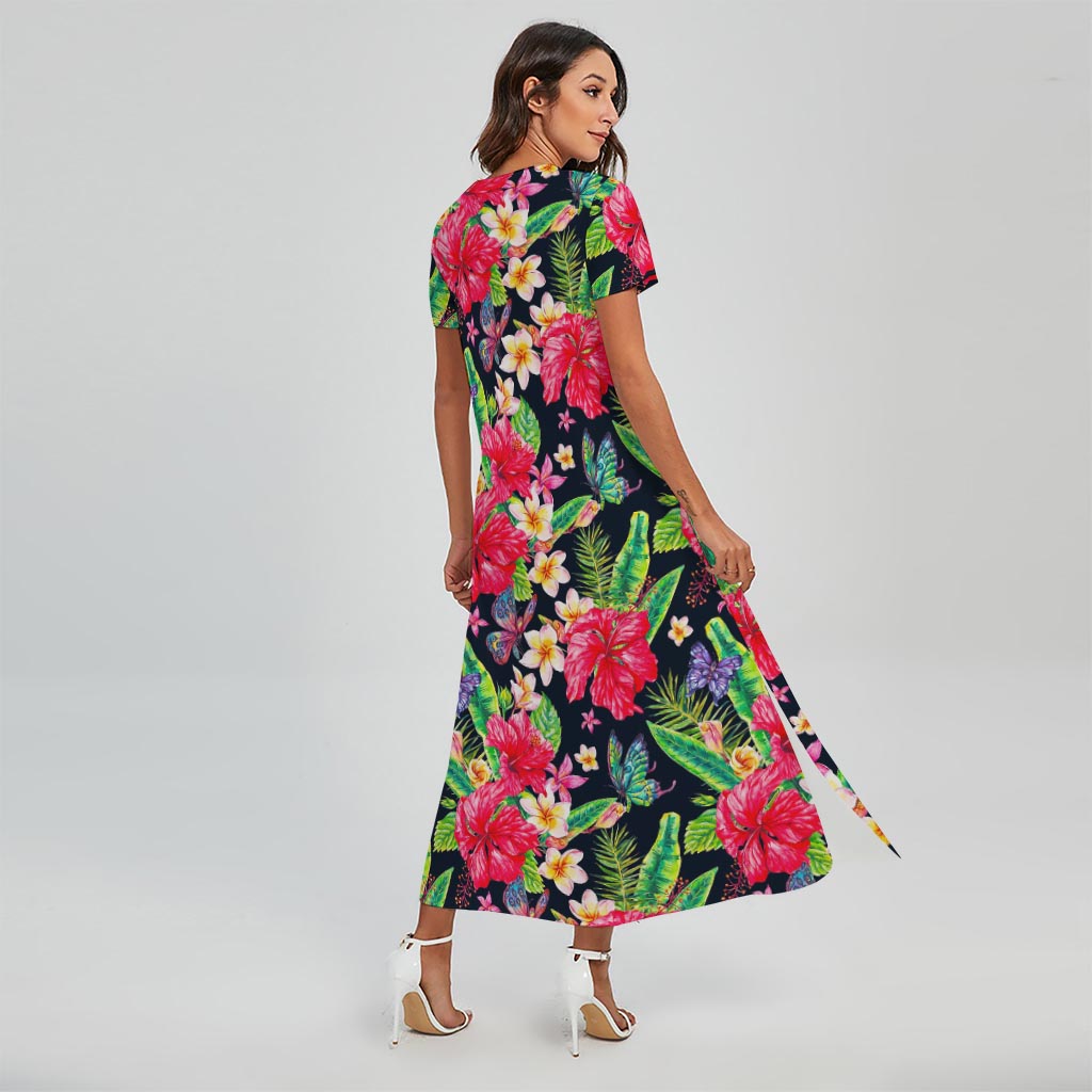 Exotic Hibiscus Flowers Pattern Print Short Sleeve Maxi Dress
