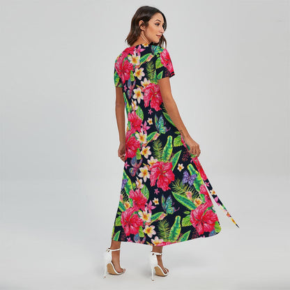 Exotic Hibiscus Flowers Pattern Print Short Sleeve Maxi Dress
