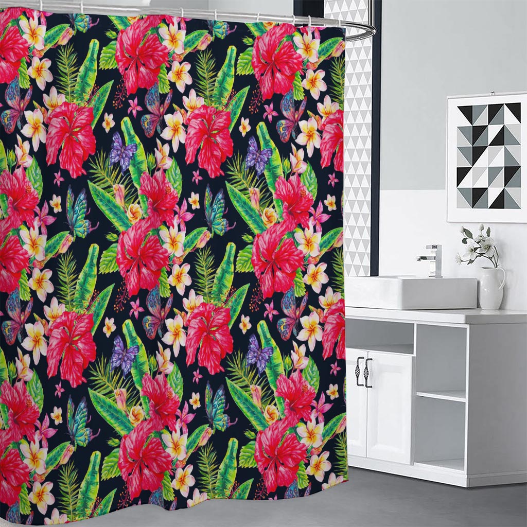 Exotic Hibiscus Flowers Pattern Print Shower Curtain