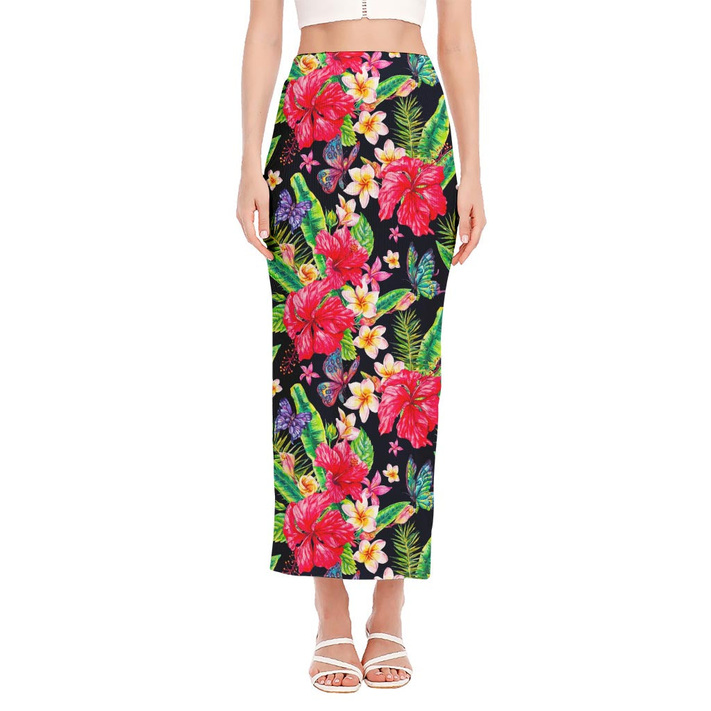 Exotic Hibiscus Flowers Pattern Print Side Slit Maxi Skirt