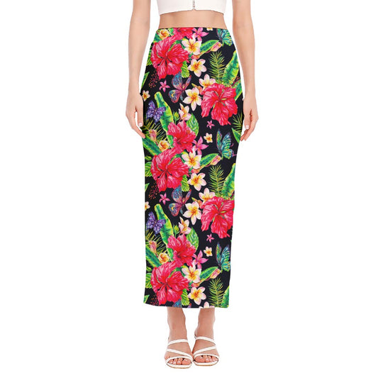 Exotic Hibiscus Flowers Pattern Print Side Slit Maxi Skirt