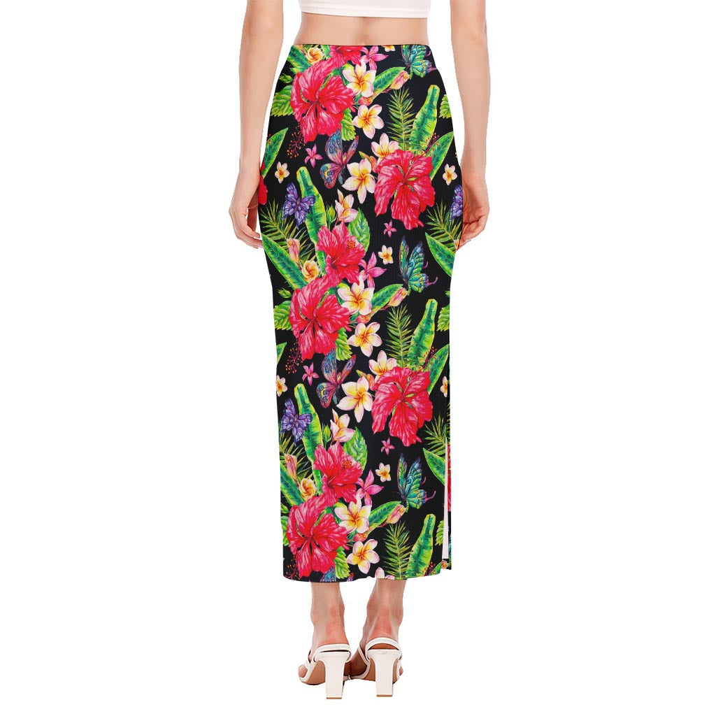 Exotic Hibiscus Flowers Pattern Print Side Slit Maxi Skirt