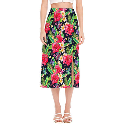 Exotic Hibiscus Flowers Pattern Print Side Slit Midi Skirt
