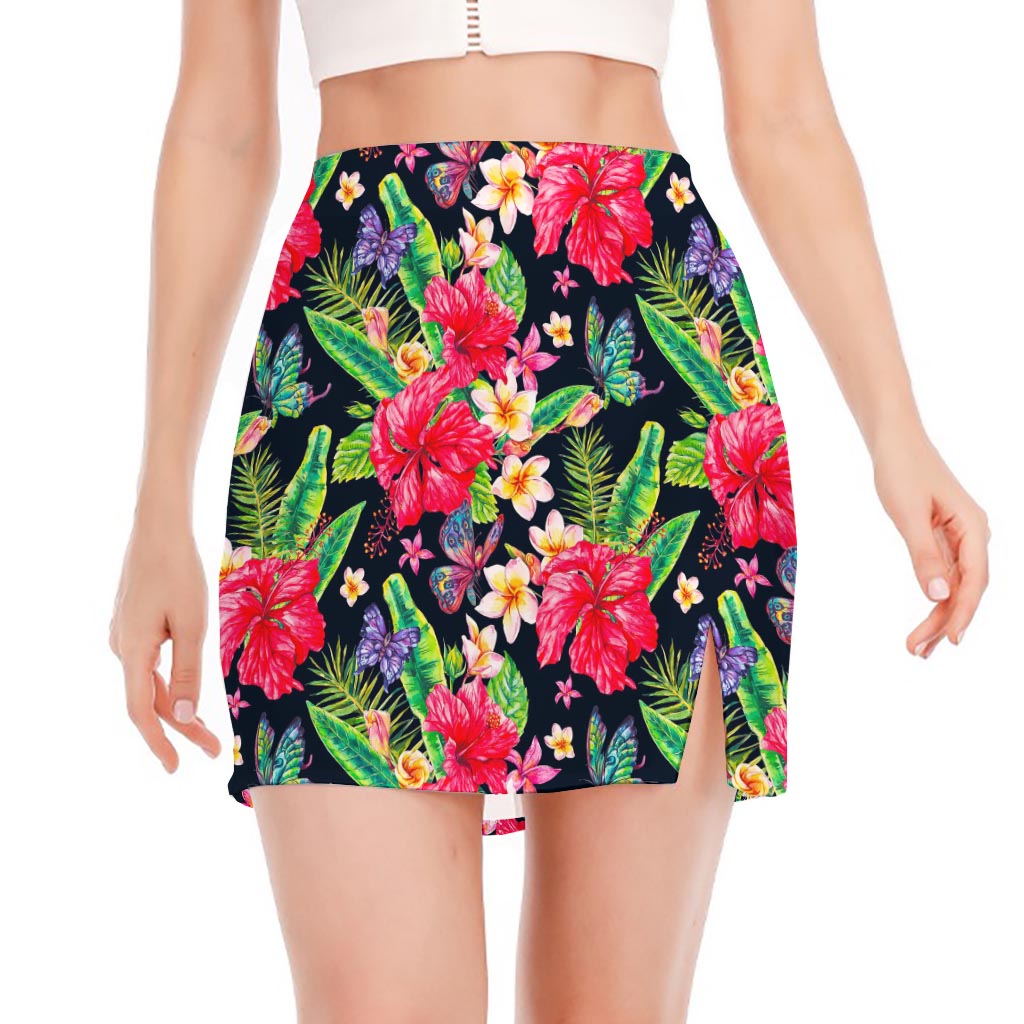 Exotic Hibiscus Flowers Pattern Print Side Slit Mini Skirt