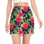 Exotic Hibiscus Flowers Pattern Print Side Slit Mini Skirt