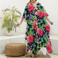 Exotic Hibiscus Flowers Pattern Print Silk V-Neck Kaftan Dress