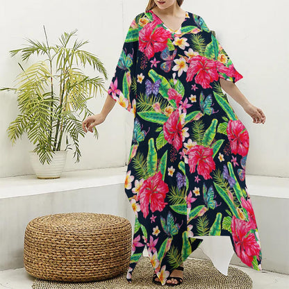 Exotic Hibiscus Flowers Pattern Print Silk V-Neck Kaftan Dress