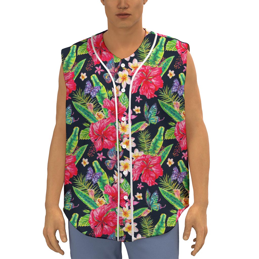 Exotic Hibiscus Flowers Pattern Print Sleeveless Baseball Jersey