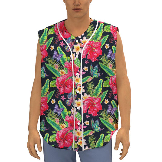 Exotic Hibiscus Flowers Pattern Print Sleeveless Baseball Jersey