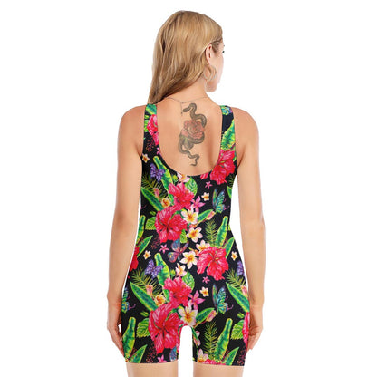 Exotic Hibiscus Flowers Pattern Print Sleeveless One Piece Swimsuit
