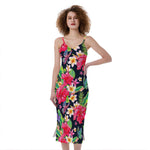Exotic Hibiscus Flowers Pattern Print Slim Fit Midi Cami Dress