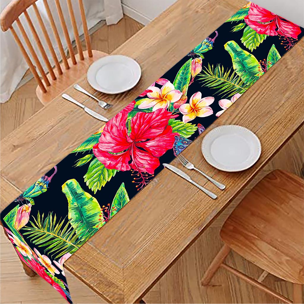 Exotic Hibiscus Flowers Pattern Print Table Runner