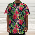 Exotic Hibiscus Flowers Pattern Print Textured Short Sleeve Shirt