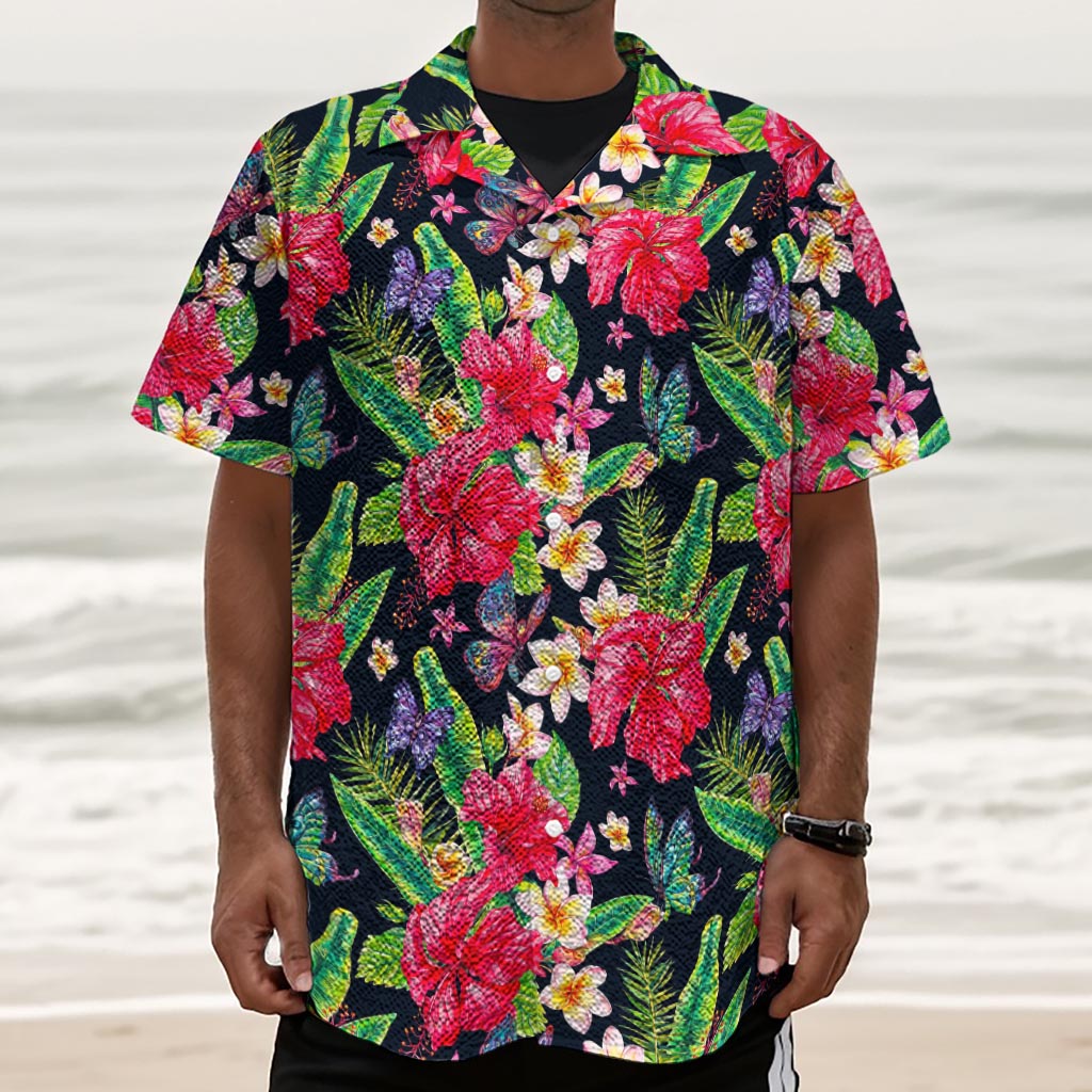 Exotic Hibiscus Flowers Pattern Print Textured Short Sleeve Shirt