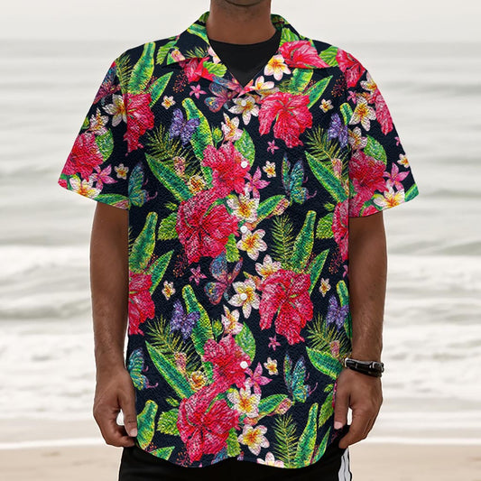 Exotic Hibiscus Flowers Pattern Print Textured Short Sleeve Shirt