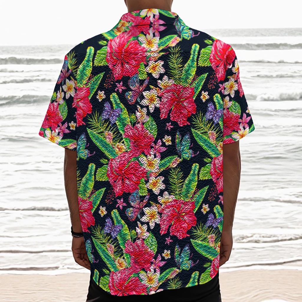 Exotic Hibiscus Flowers Pattern Print Textured Short Sleeve Shirt