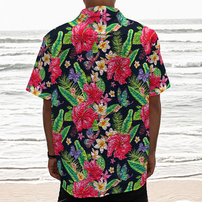 Exotic Hibiscus Flowers Pattern Print Textured Short Sleeve Shirt