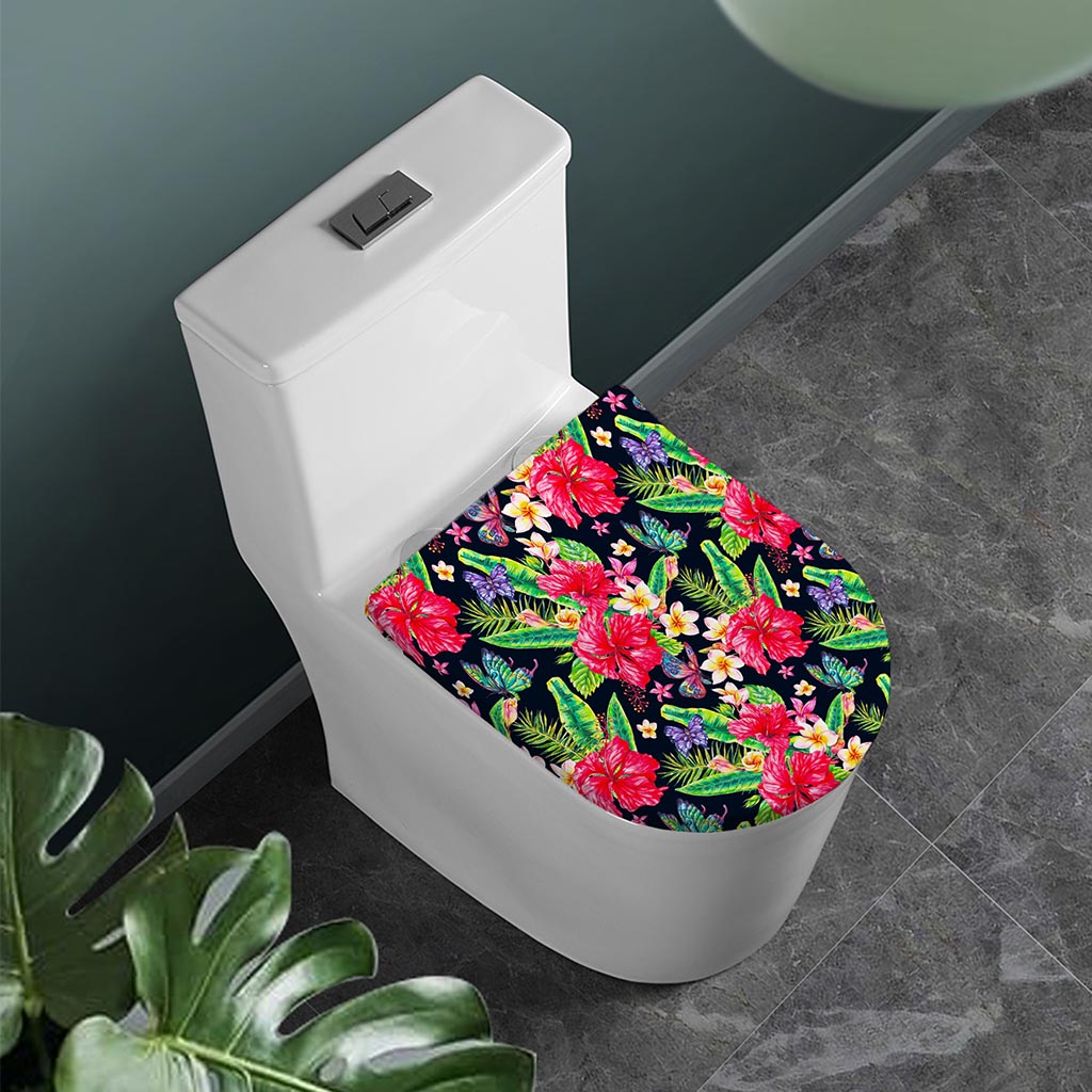 Exotic Hibiscus Flowers Pattern Print Toilet Lid Cover
