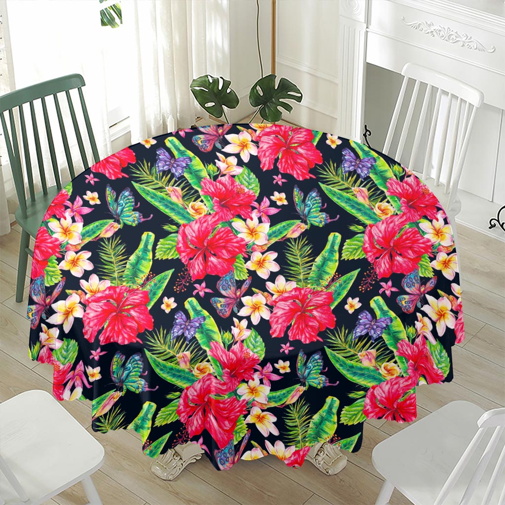 Exotic Hibiscus Flowers Pattern Print Waterproof Round Tablecloth