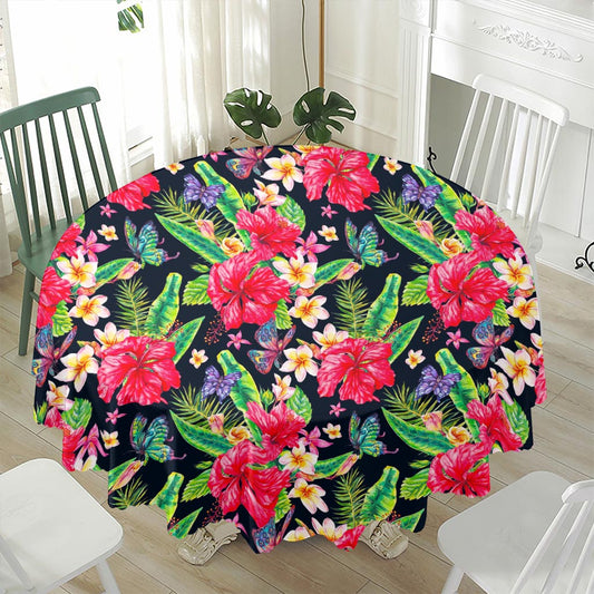 Exotic Hibiscus Flowers Pattern Print Waterproof Round Tablecloth