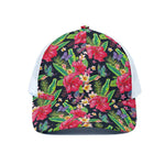 Exotic Hibiscus Flowers Pattern Print White Mesh Trucker Cap