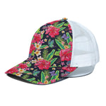 Exotic Hibiscus Flowers Pattern Print White Mesh Trucker Cap