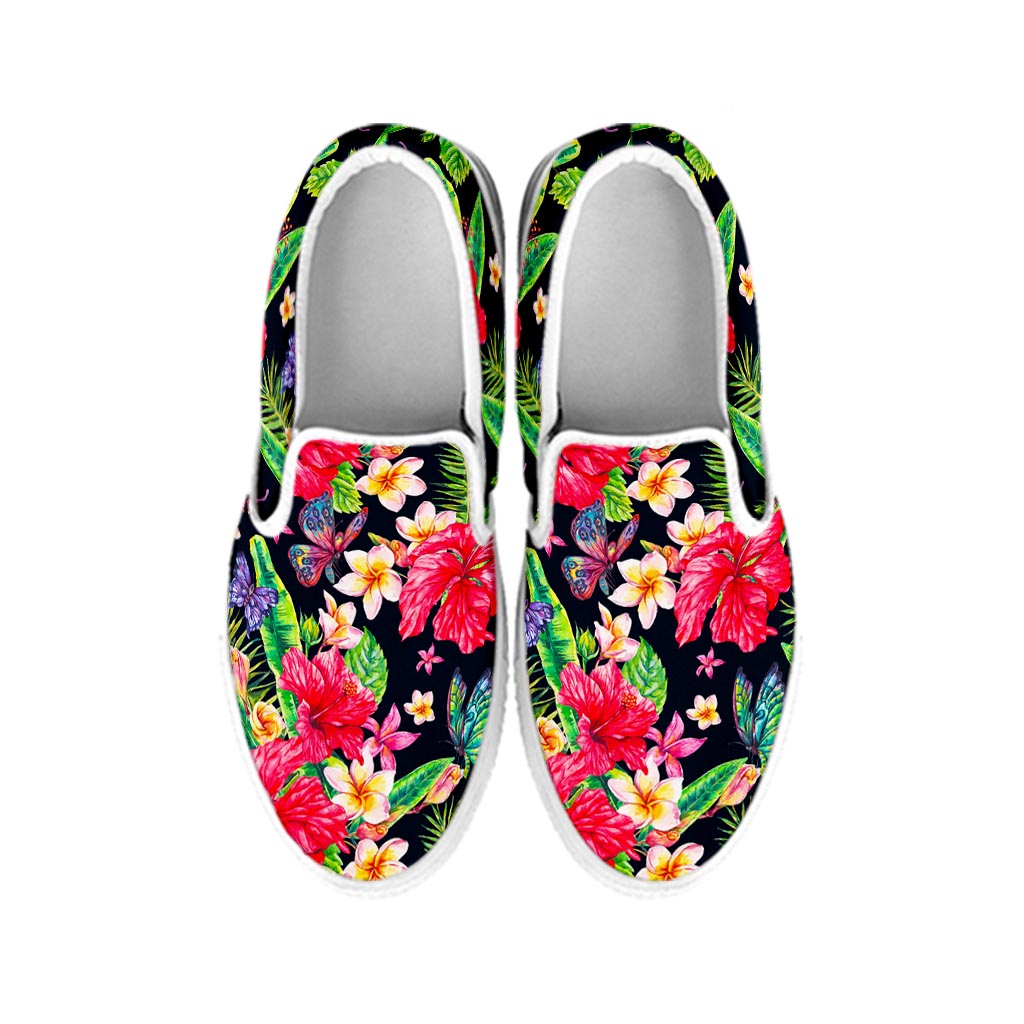 Exotic Hibiscus Flowers Pattern Print White Slip On Sneakers