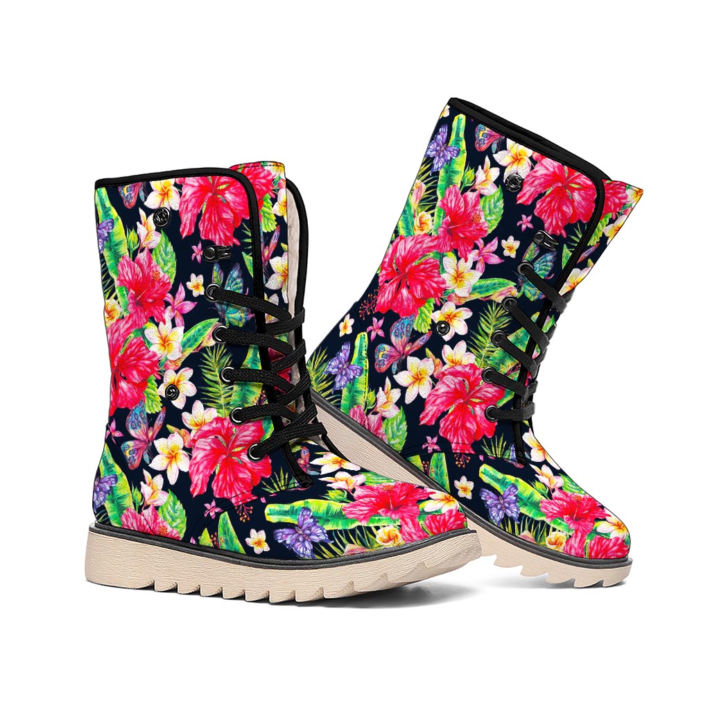 Exotic Hibiscus Flowers Pattern Print Winter Boots