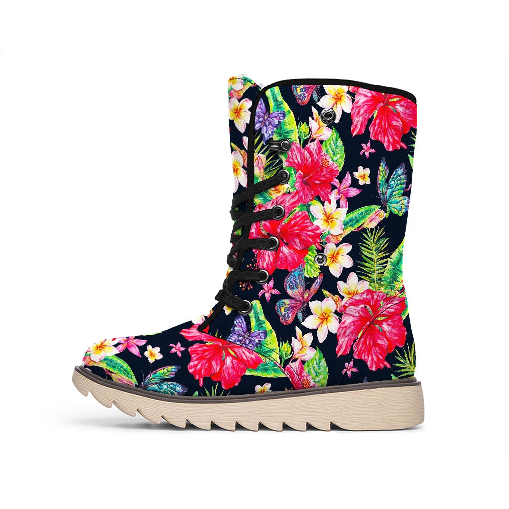 Exotic Hibiscus Flowers Pattern Print Winter Boots