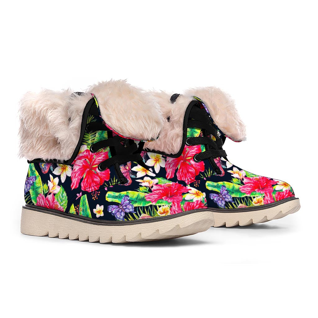 Exotic Hibiscus Flowers Pattern Print Winter Boots