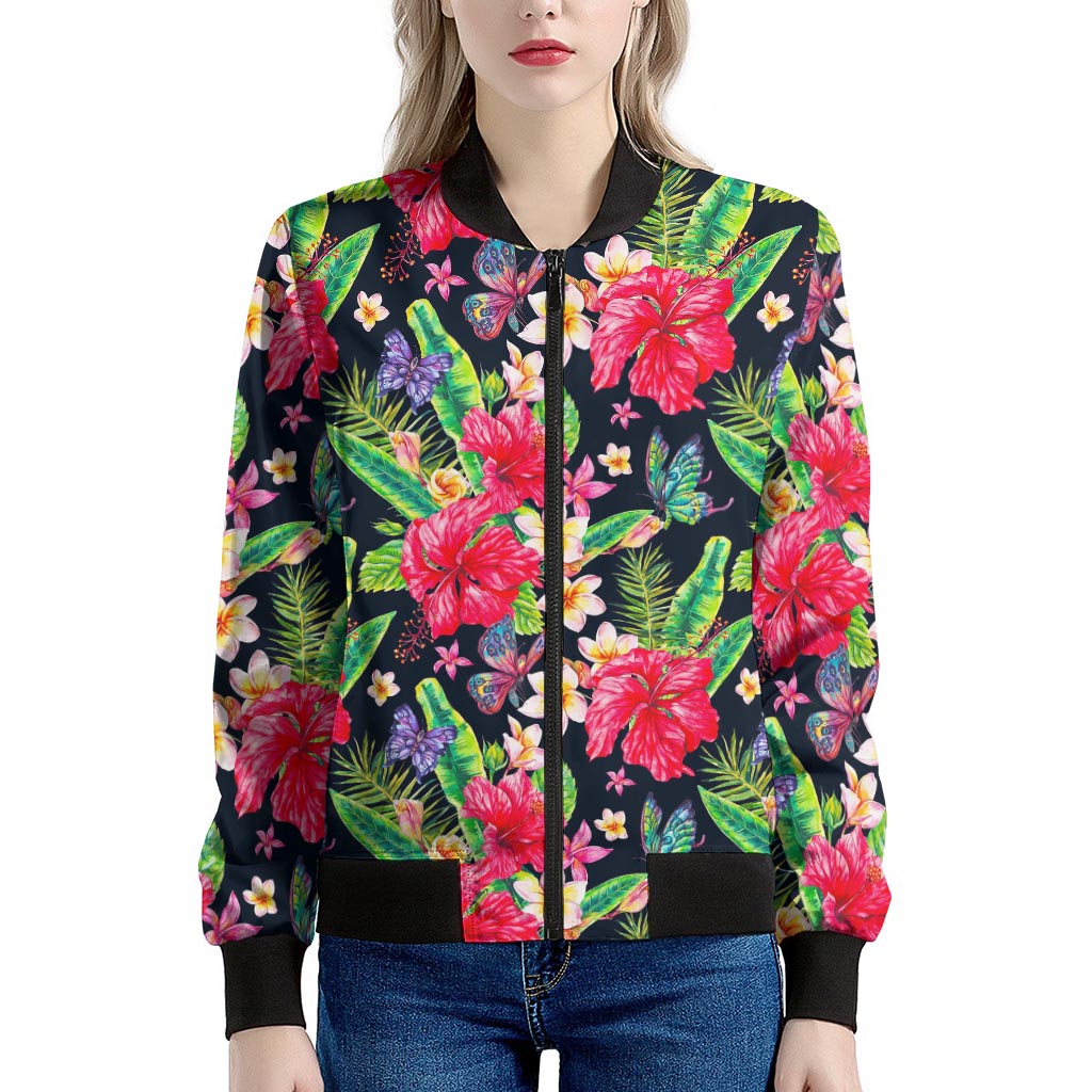 Exotic Hibiscus Flowers Pattern Print Women's Bomber Jacket