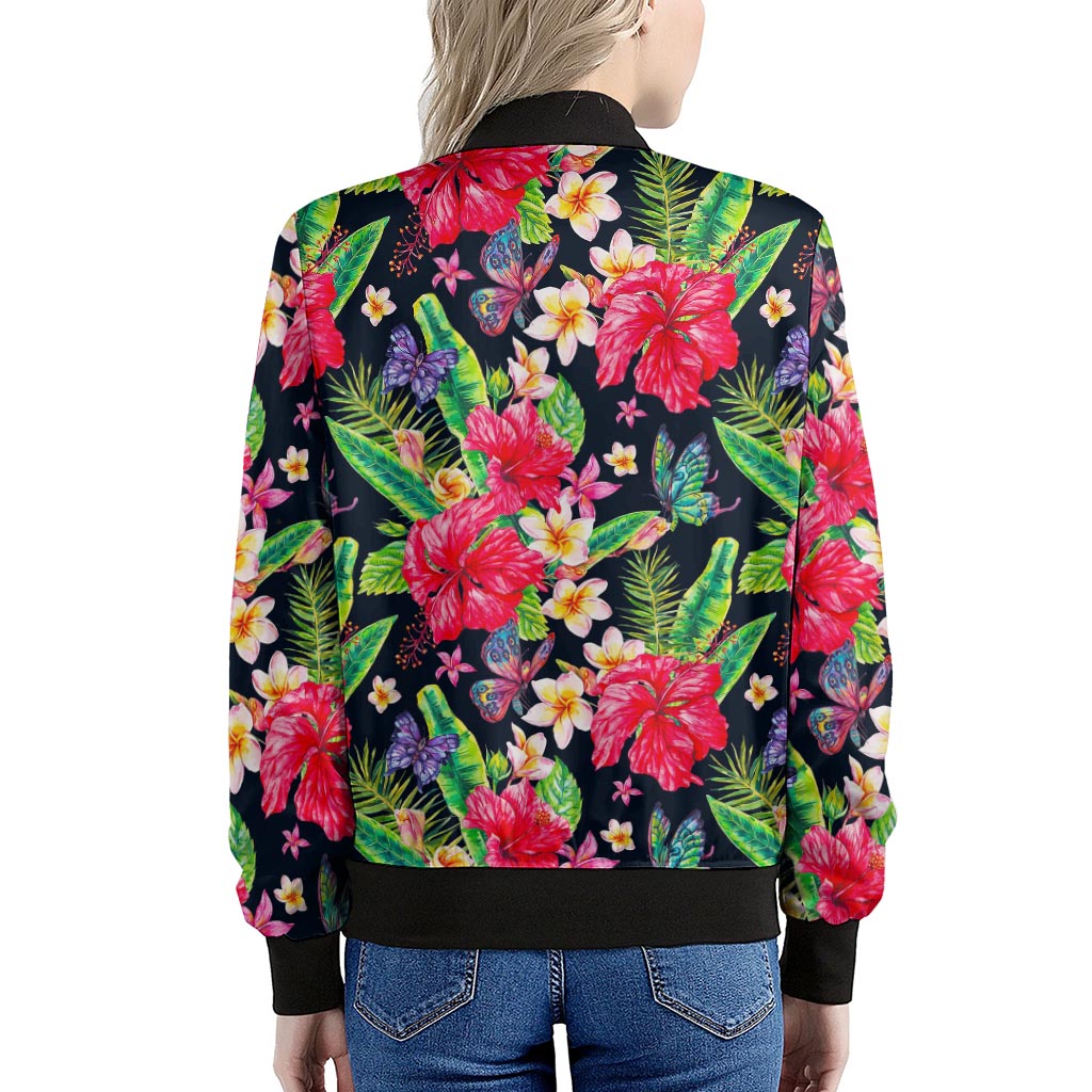 Exotic Hibiscus Flowers Pattern Print Women's Bomber Jacket