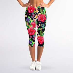 Exotic Hibiscus Flowers Pattern Print Women's Capri Leggings