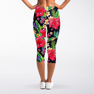 Exotic Hibiscus Flowers Pattern Print Women's Capri Leggings