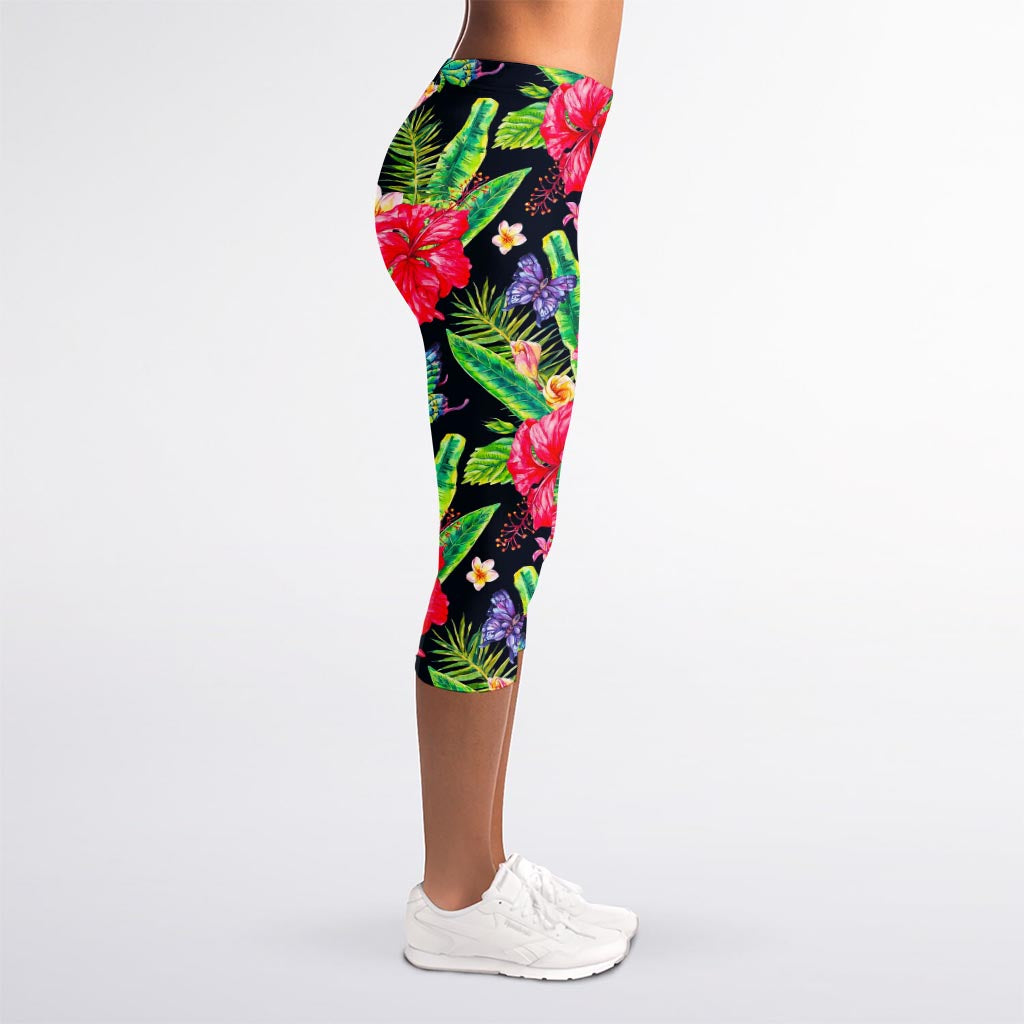 Exotic Hibiscus Flowers Pattern Print Women's Capri Leggings