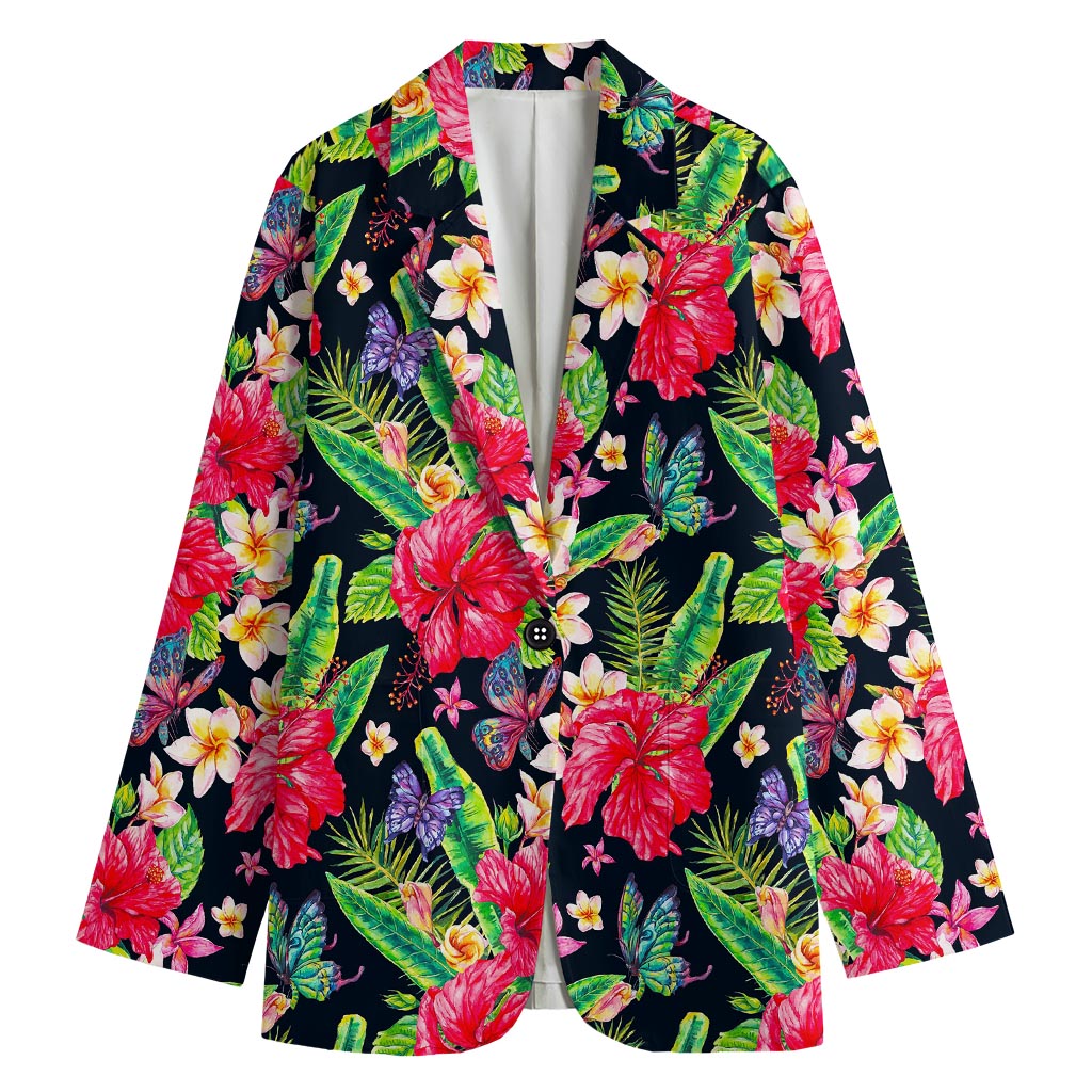 Exotic Hibiscus Flowers Pattern Print Women's Cotton Blazer
