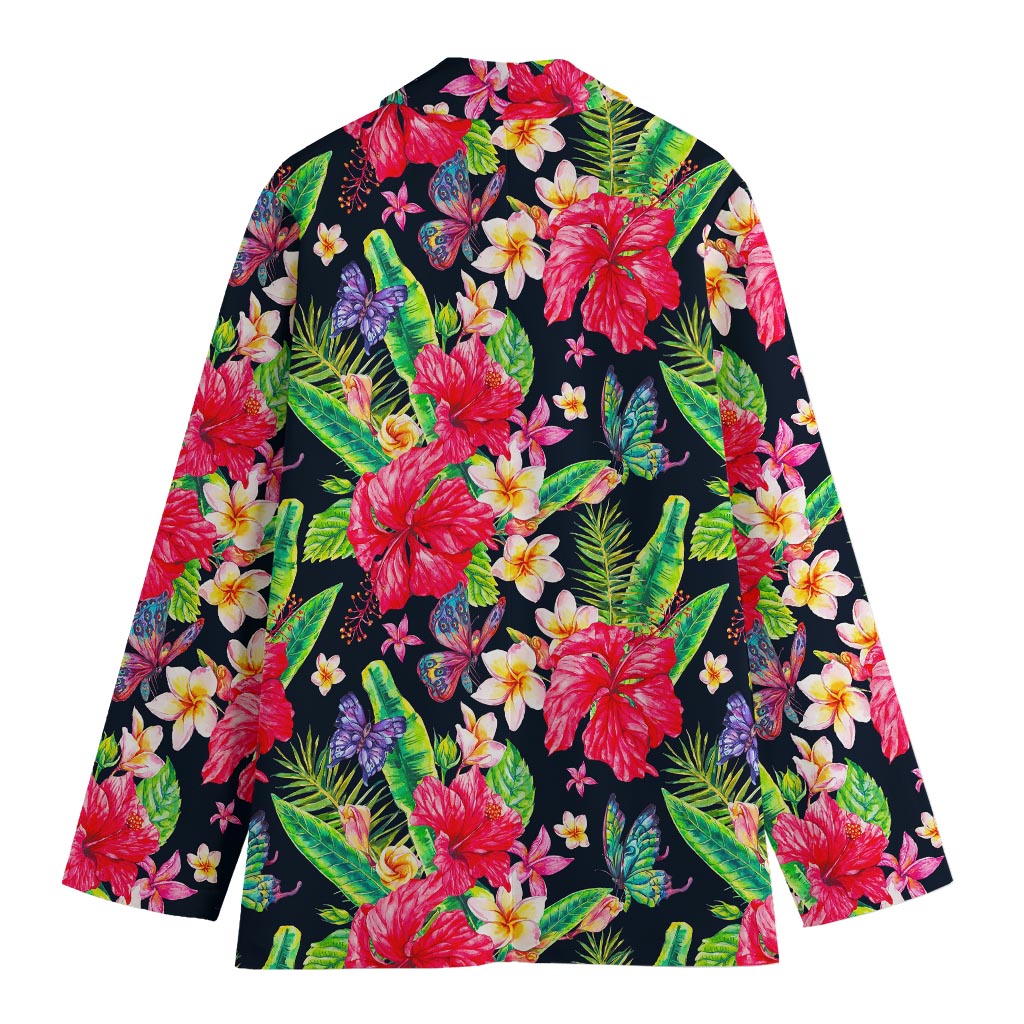 Exotic Hibiscus Flowers Pattern Print Women's Cotton Blazer