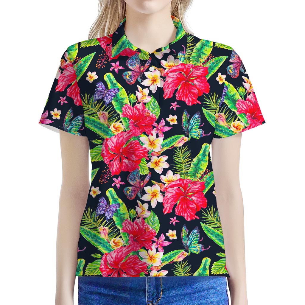 Exotic Hibiscus Flowers Pattern Print Women's Polo Shirt