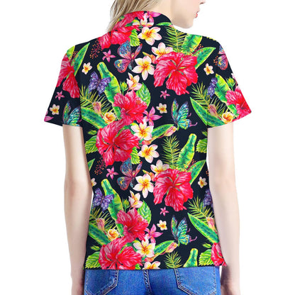Exotic Hibiscus Flowers Pattern Print Women's Polo Shirt