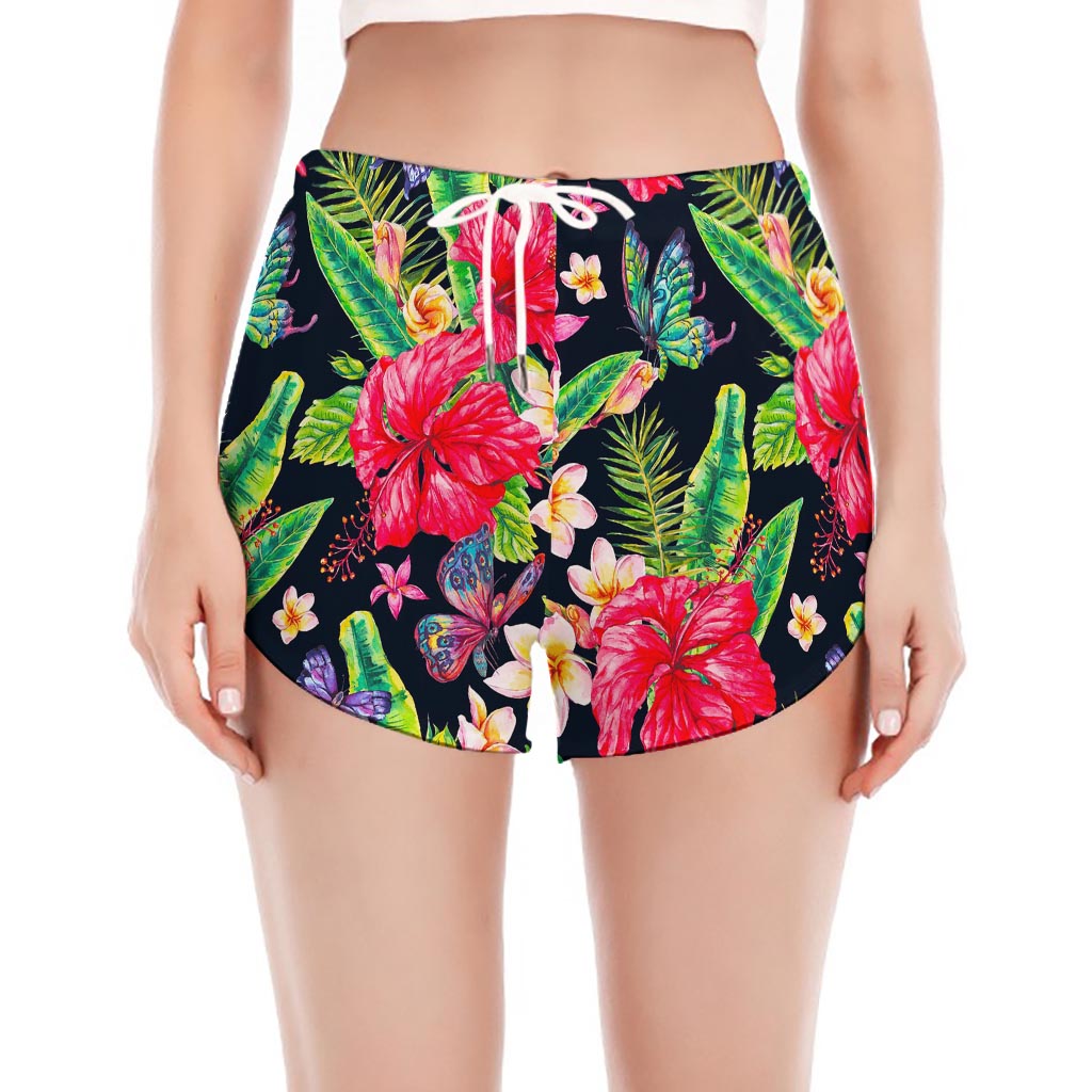 Exotic Hibiscus Flowers Pattern Print Women's Split Running Shorts