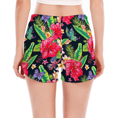 Exotic Hibiscus Flowers Pattern Print Women's Split Running Shorts