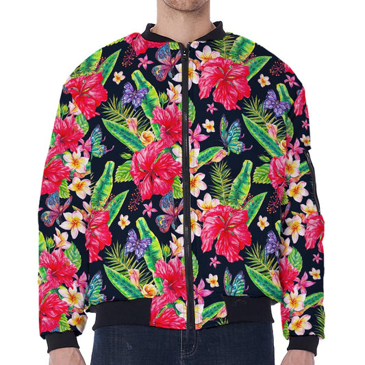 Exotic Hibiscus Flowers Pattern Print Zip Sleeve Bomber Jacket