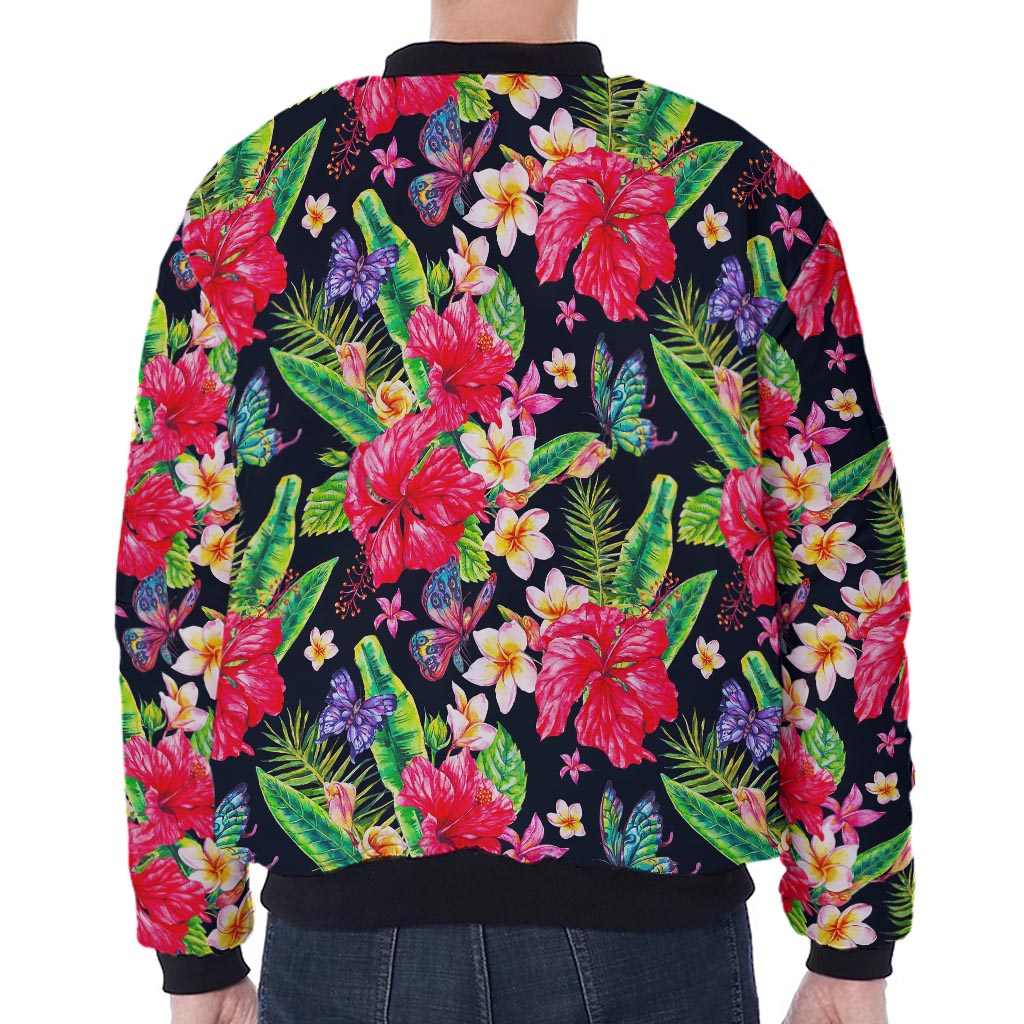 Exotic Hibiscus Flowers Pattern Print Zip Sleeve Bomber Jacket