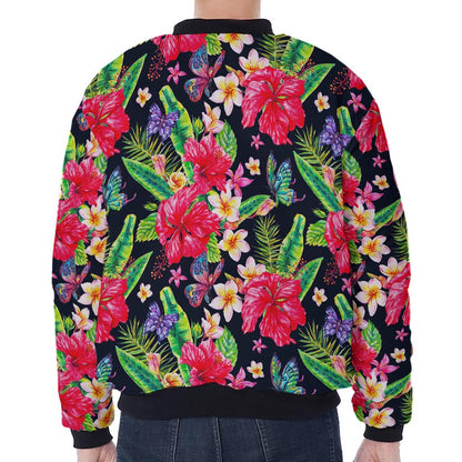 Exotic Hibiscus Flowers Pattern Print Zip Sleeve Bomber Jacket