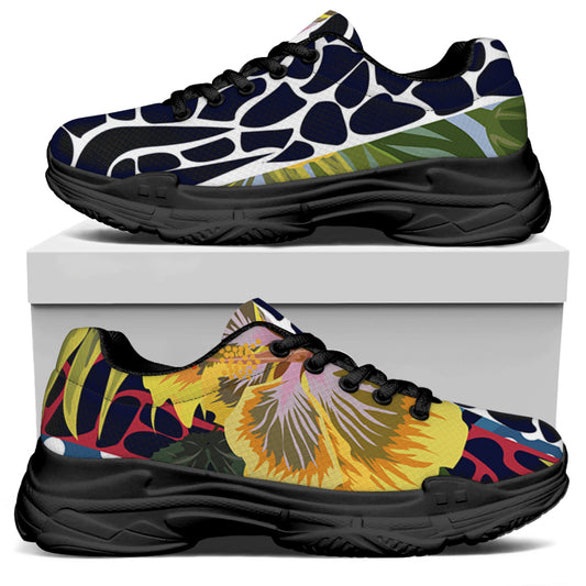 Exotic Patchwork Pattern Print Black Chunky Shoes