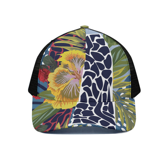 Exotic Patchwork Pattern Print Black Mesh Trucker Cap